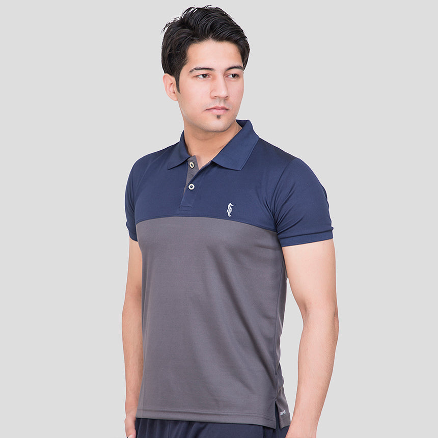 MENS T-SHIRT COLLAR COL NAVY-GREY H/S 0111