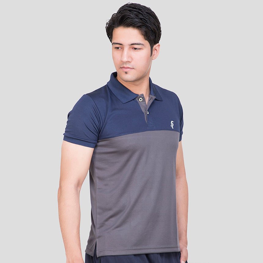 MENS T-SHIRT COLLAR COL NAVY-GREY H/S 0111